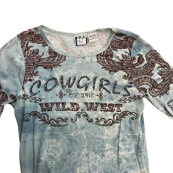 Y2K Vintage Women’s Blue Printed Cowgirls Of The Wild West 3/4 Sleeve T-Shirt - Picture 2 of 5